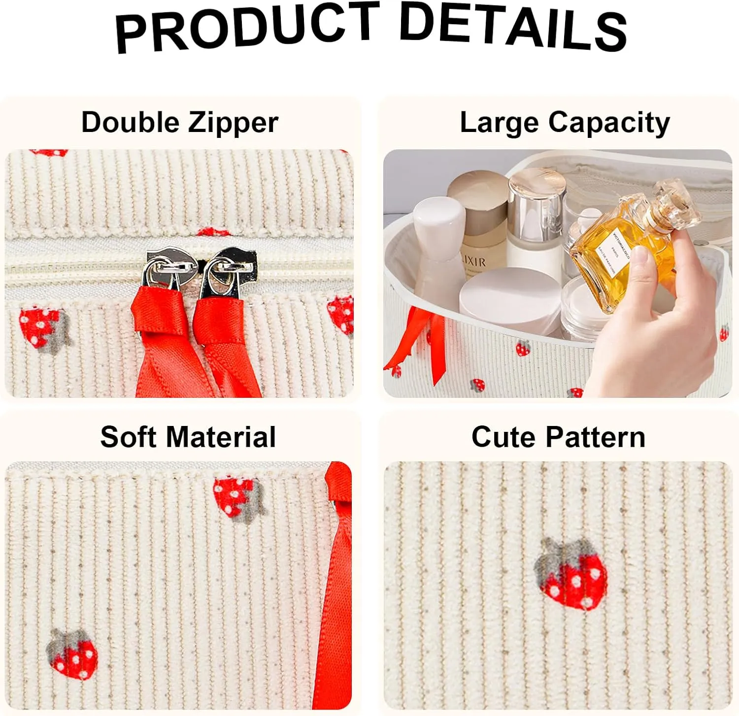 3PCS Makeup Bag Set, Quilted Cosmetic Bag, Large Travel Aesthetic Make up Bag, Cute Coquette Toiletry Bag for Women Girls