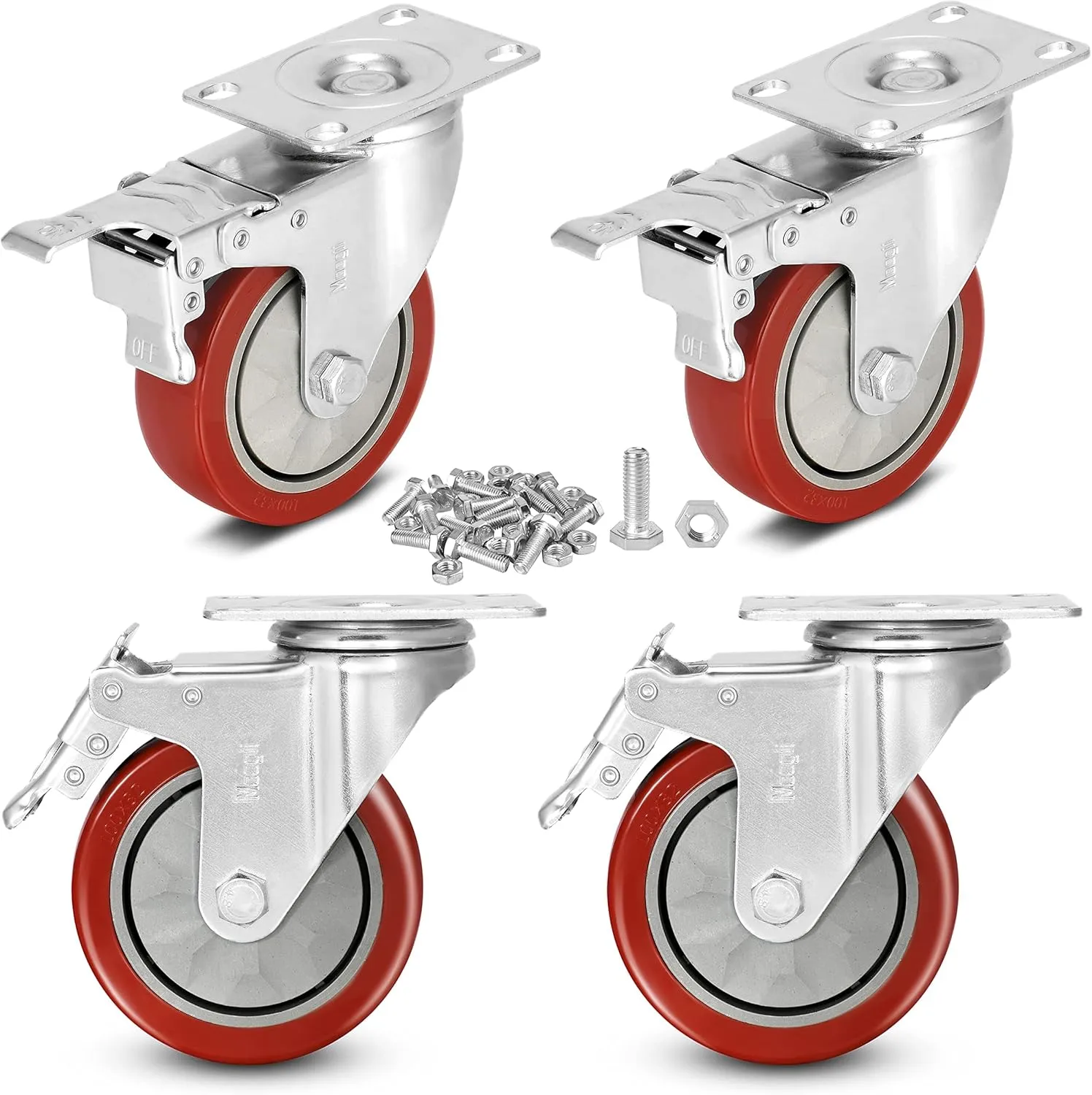 4 inch Heavy Duty Casters Load 1800lbs,Lockable Bearing Caster Wheels with Brakes,Swivel Casters for Furniture and Workbench，Set of 4 (Free Screws)