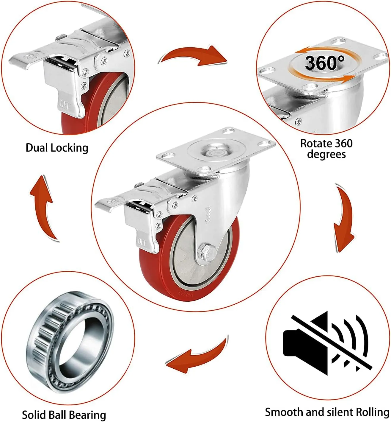 4 inch Heavy Duty Casters Load 1800lbs,Lockable Bearing Caster Wheels with Brakes,Swivel Casters for Furniture and Workbench，Set of 4 (Free Screws)