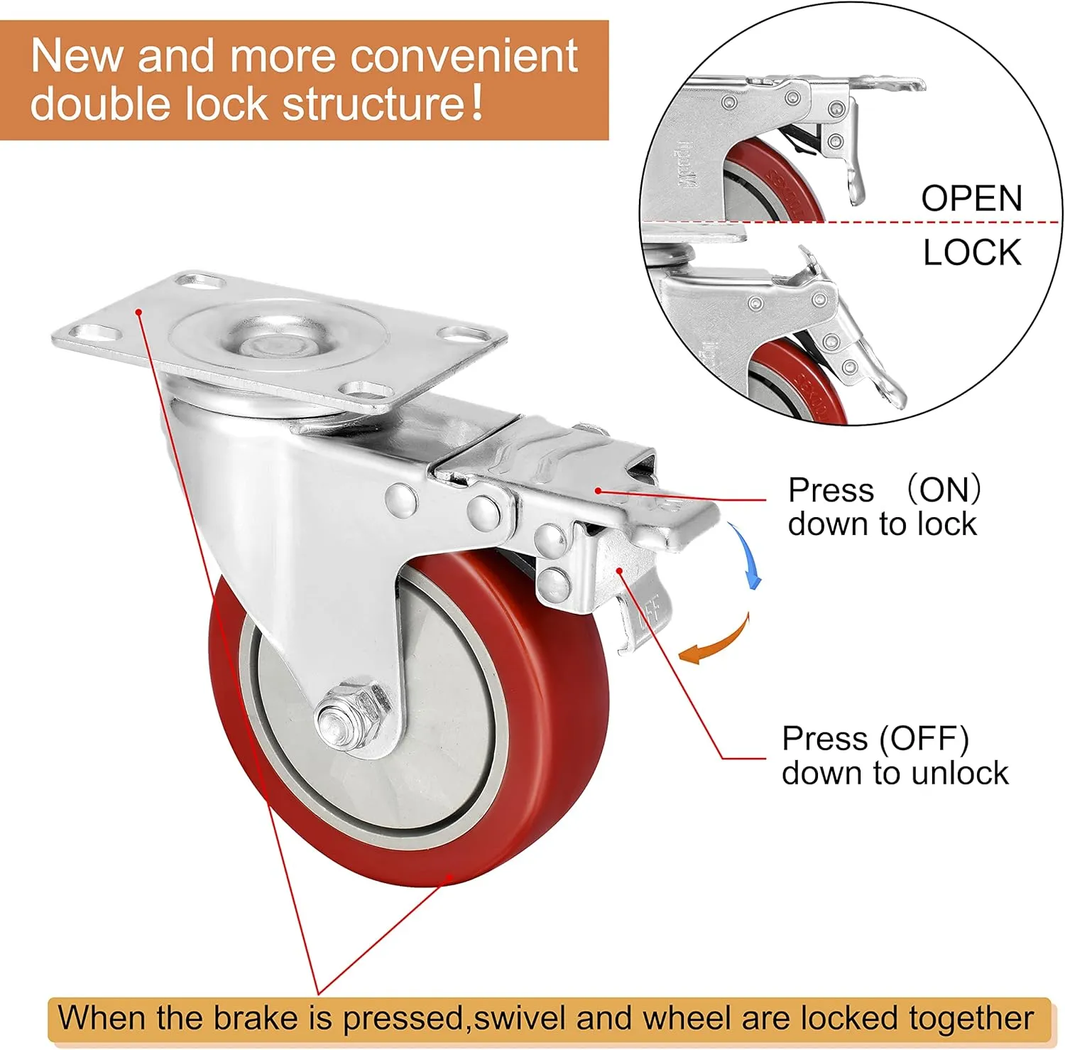4 inch Heavy Duty Casters Load 1800lbs,Lockable Bearing Caster Wheels with Brakes,Swivel Casters for Furniture and Workbench，Set of 4 (Free Screws)