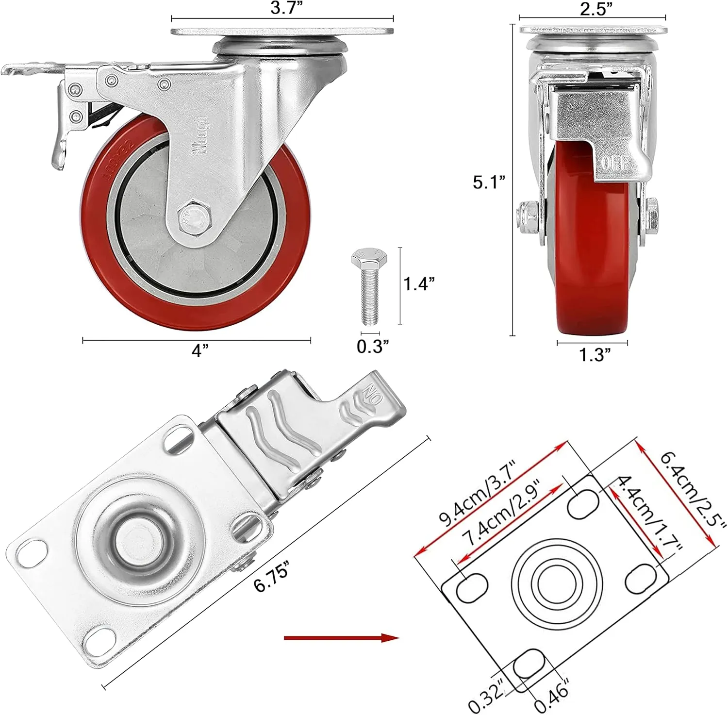 4 inch Heavy Duty Casters Load 1800lbs,Lockable Bearing Caster Wheels with Brakes,Swivel Casters for Furniture and Workbench，Set of 4 (Free Screws)