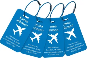 4 Pack Personalized Metal Luggage Tags, Custom Engraved Aluminum Name ID Tags with Logo/Text, Waterproof Travel Tags with Steel Loop for Suitcase, Backpack, Baggage, Cruise & Carry-On (Blue)