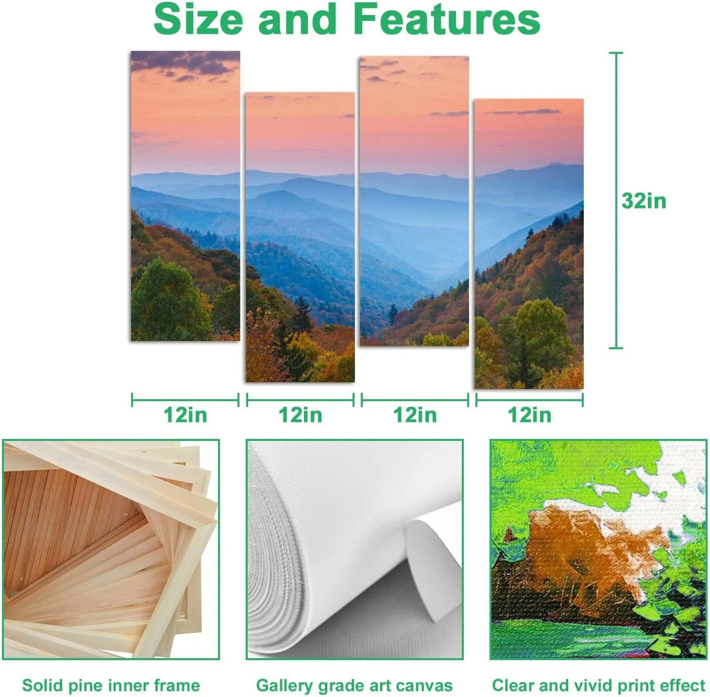 4 Pcs Canvas Mountain Wall Art Rolling Mountain Ranges Sunrise Modern Photo Prints for Living Room Bedroom Office Framed Artworks Wall Art for Home Decor