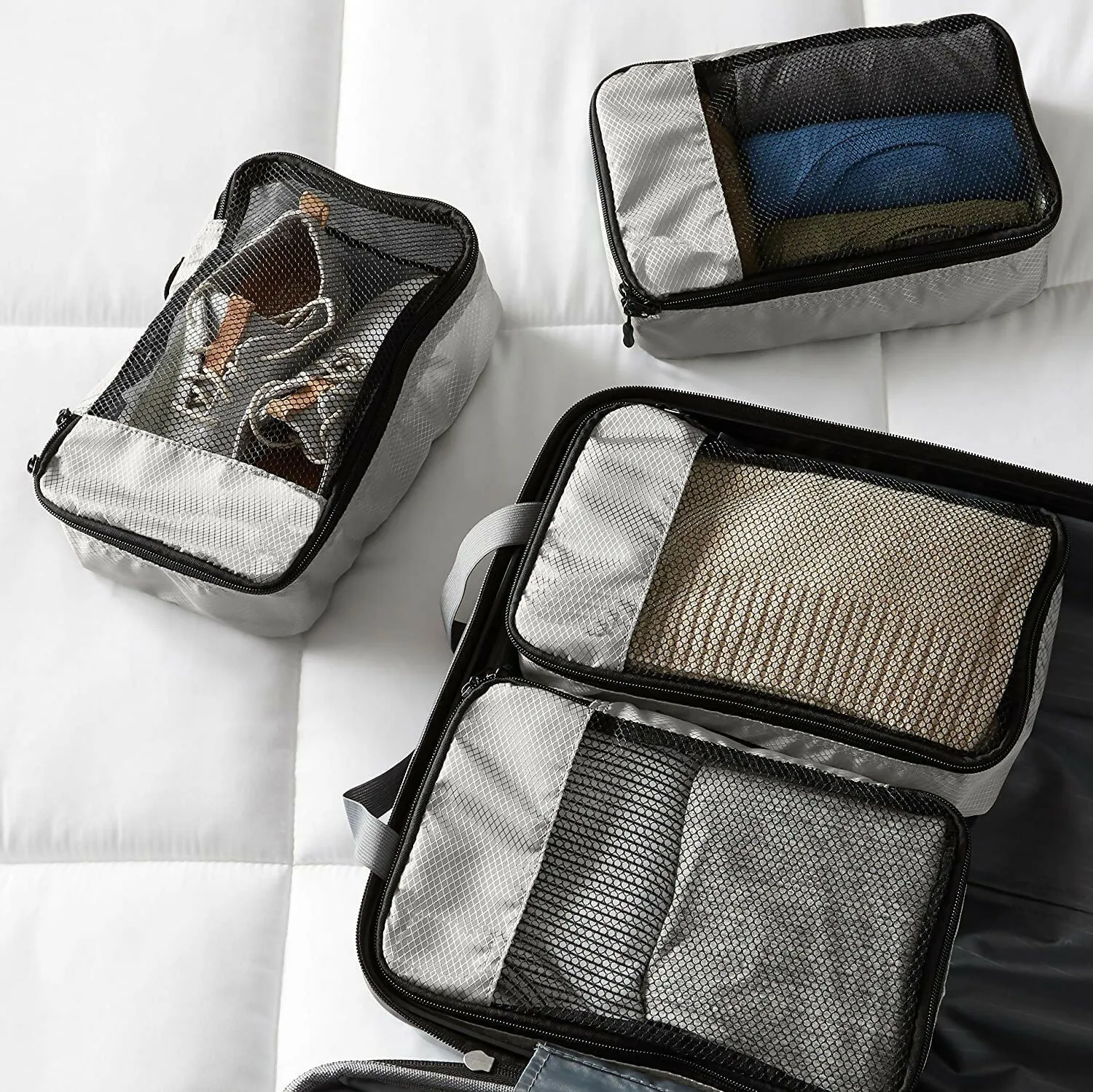 4-Piece Nylon Travel Packing Cubes Set for Clothes & Laundry (Grey, Small)