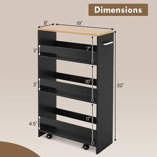 4-Tier Rolling Storage Cart Slim Kitchen Cart on Wheels with Open Shelves and Ha