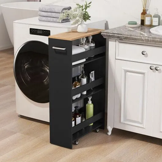 4-Tier Rolling Storage Cart Slim Kitchen Cart on Wheels with Open Shelves and Ha