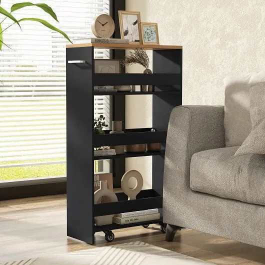4-Tier Rolling Storage Cart Slim Kitchen Cart on Wheels with Open Shelves and Ha