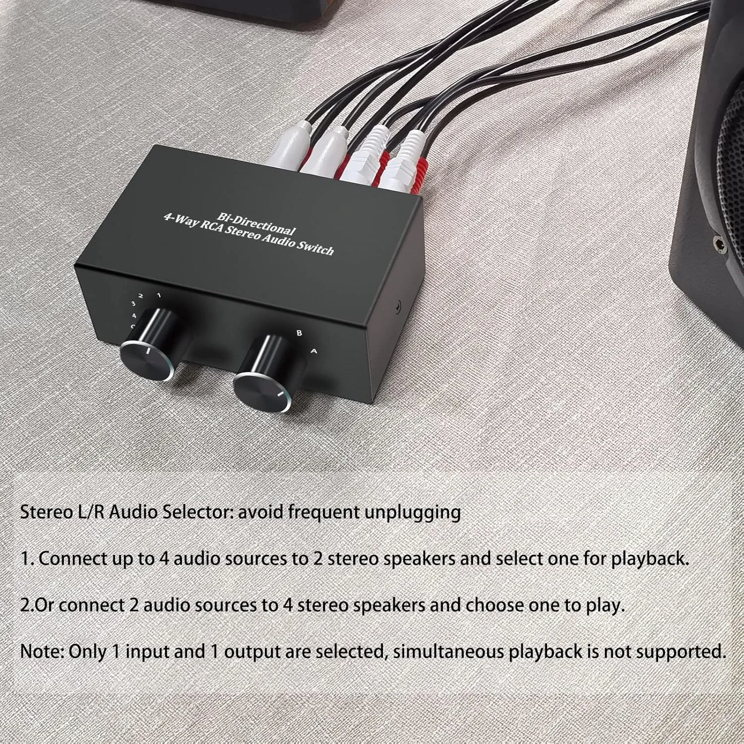 4-Way Stereo Audio Selector, Bi-Directional L/R Stereo Audio Switcher Splitter Box Suitable for Connecting Blu-ray Players or DVD Players to Multiple Stereo Speakers