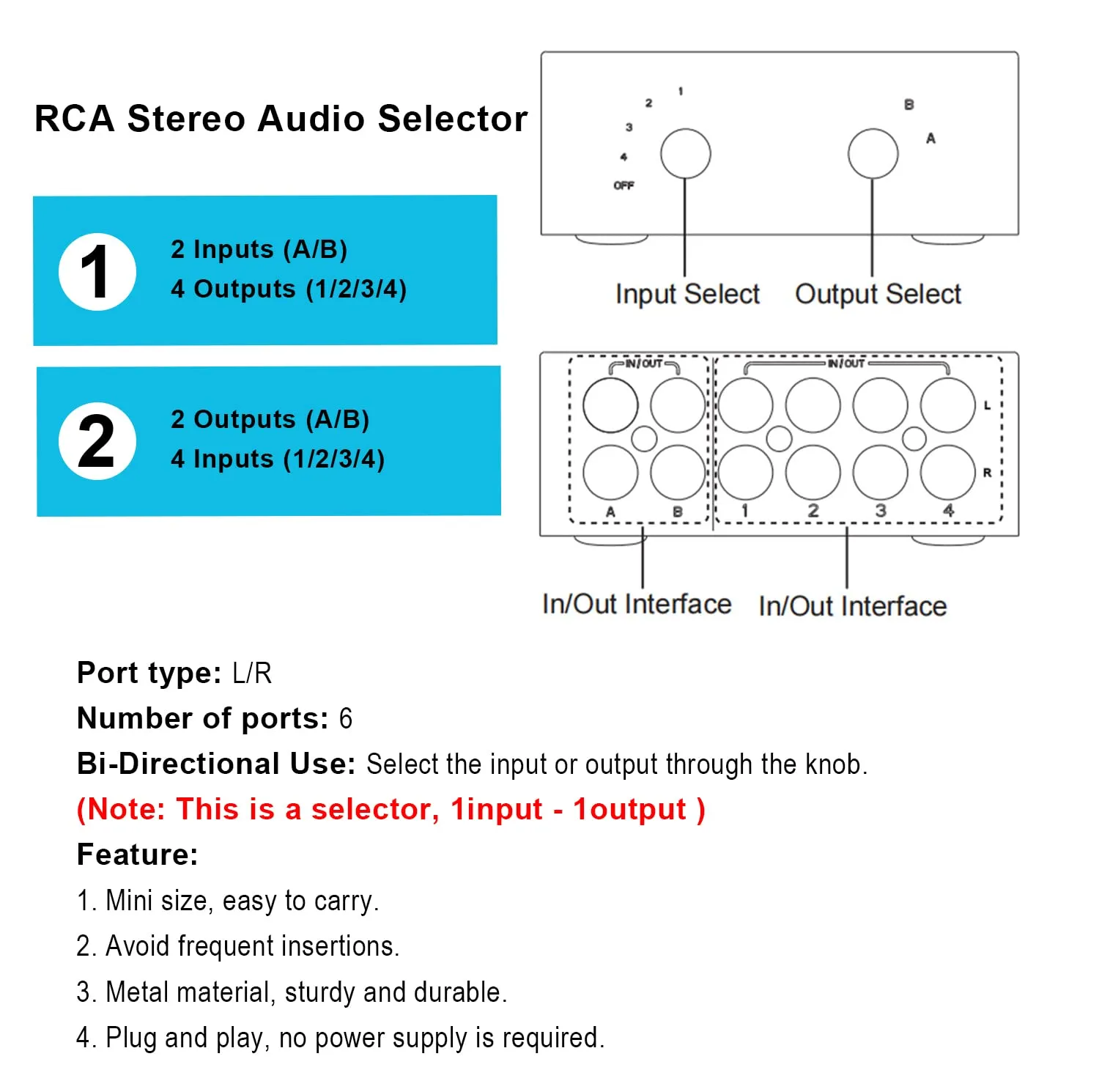4-Way Stereo Audio Selector, Bi-Directional L/R Stereo Audio Switcher Splitter Box Suitable for Connecting Blu-ray Players or DVD Players to Multiple Stereo Speakers