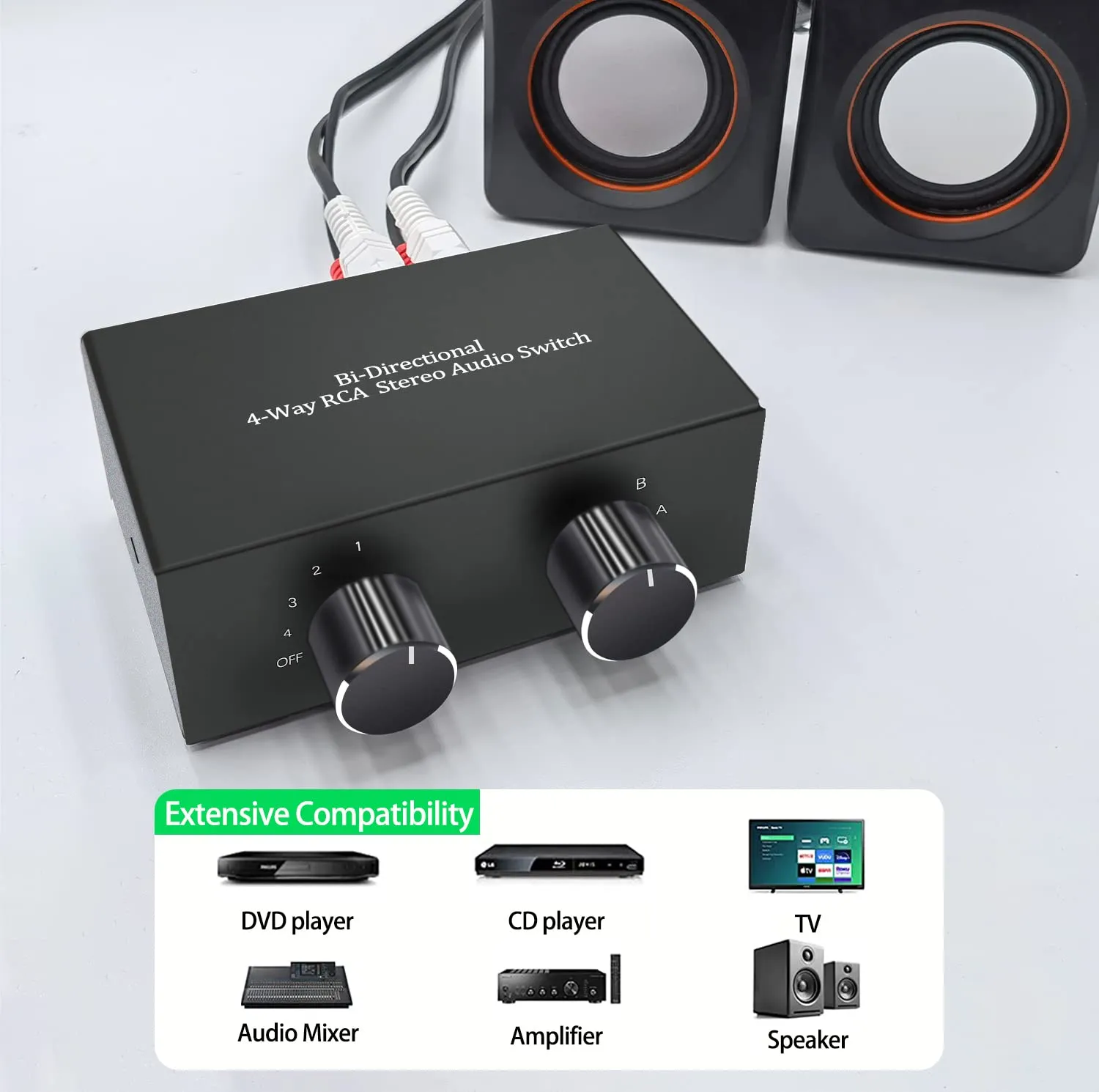 4-Way Stereo Audio Selector, Bi-Directional L/R Stereo Audio Switcher Splitter Box Suitable for Connecting Blu-ray Players or DVD Players to Multiple Stereo Speakers