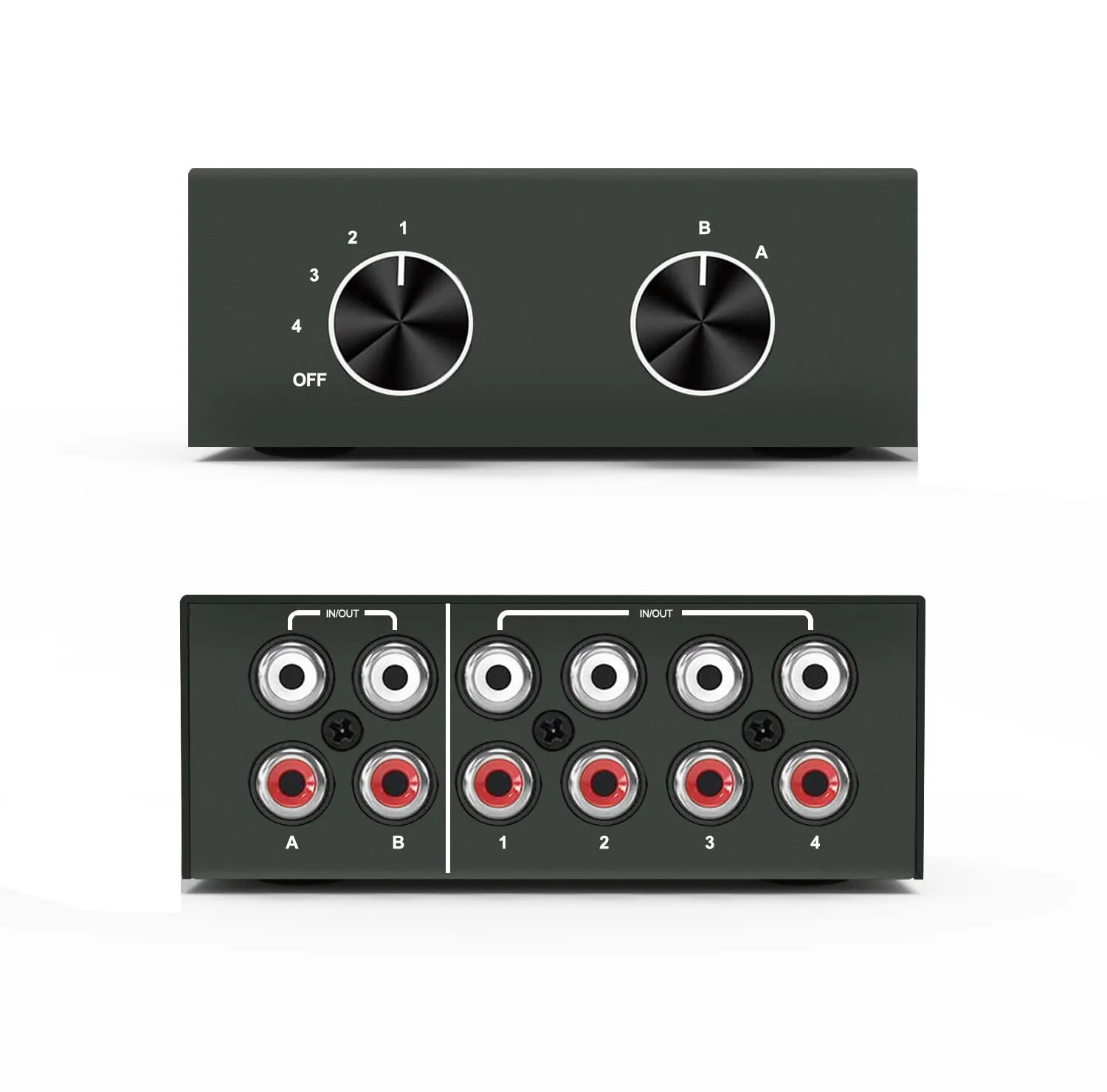 4-Way Stereo Audio Selector, Bi-Directional L/R Stereo Audio Switcher Splitter Box Suitable for Connecting Blu-ray Players or DVD Players to Multiple Stereo Speakers
