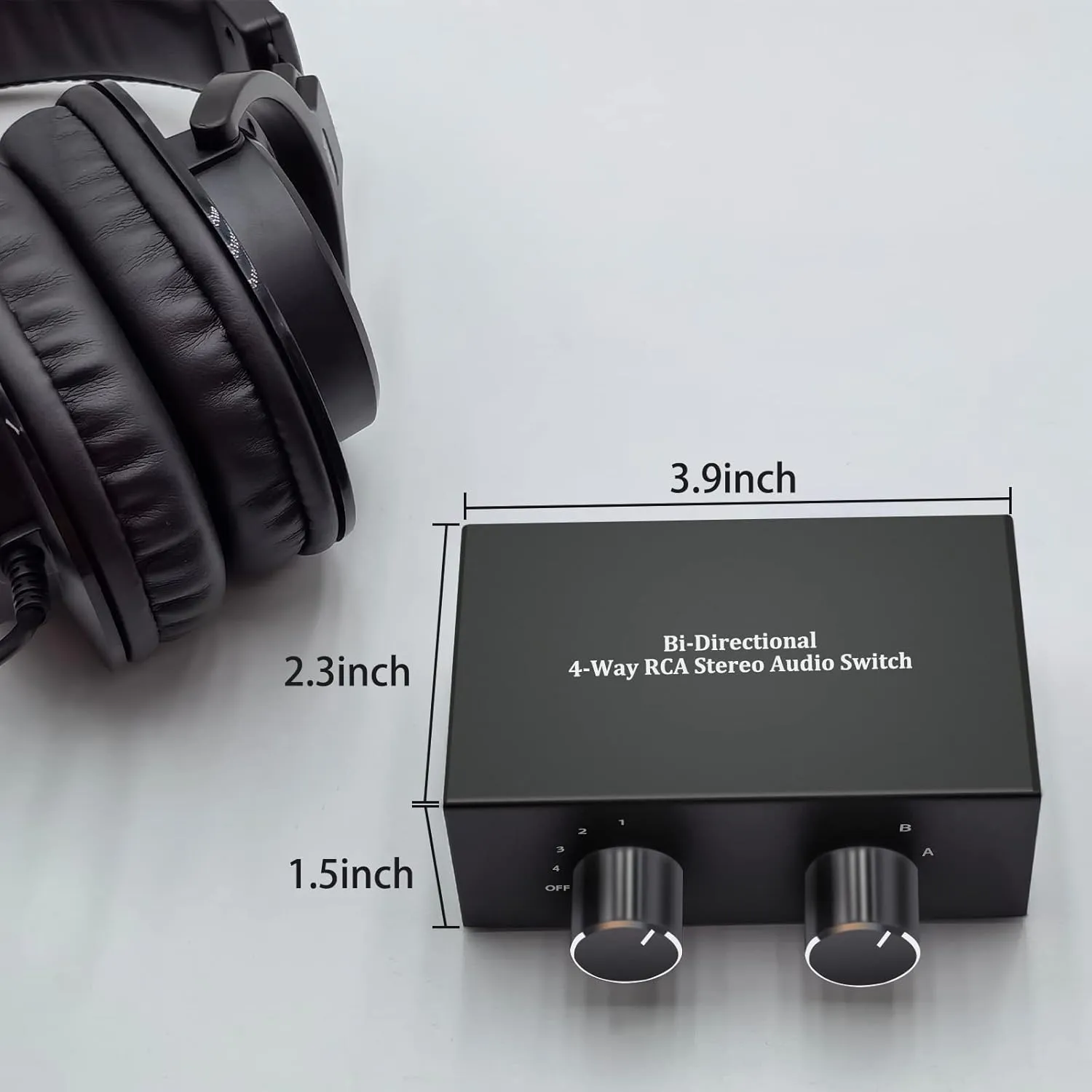 4-Way Stereo Audio Selector, Bi-Directional L/R Stereo Audio Switcher Splitter Box Suitable for Connecting Blu-ray Players or DVD Players to Multiple Stereo Speakers