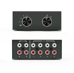 4-Way Stereo Audio Selector, Bi-Directional L/R Stereo Audio Switcher Splitter Box Suitable for Connecting Blu-ray Players or DVD Players to Multiple Stereo Speakers
