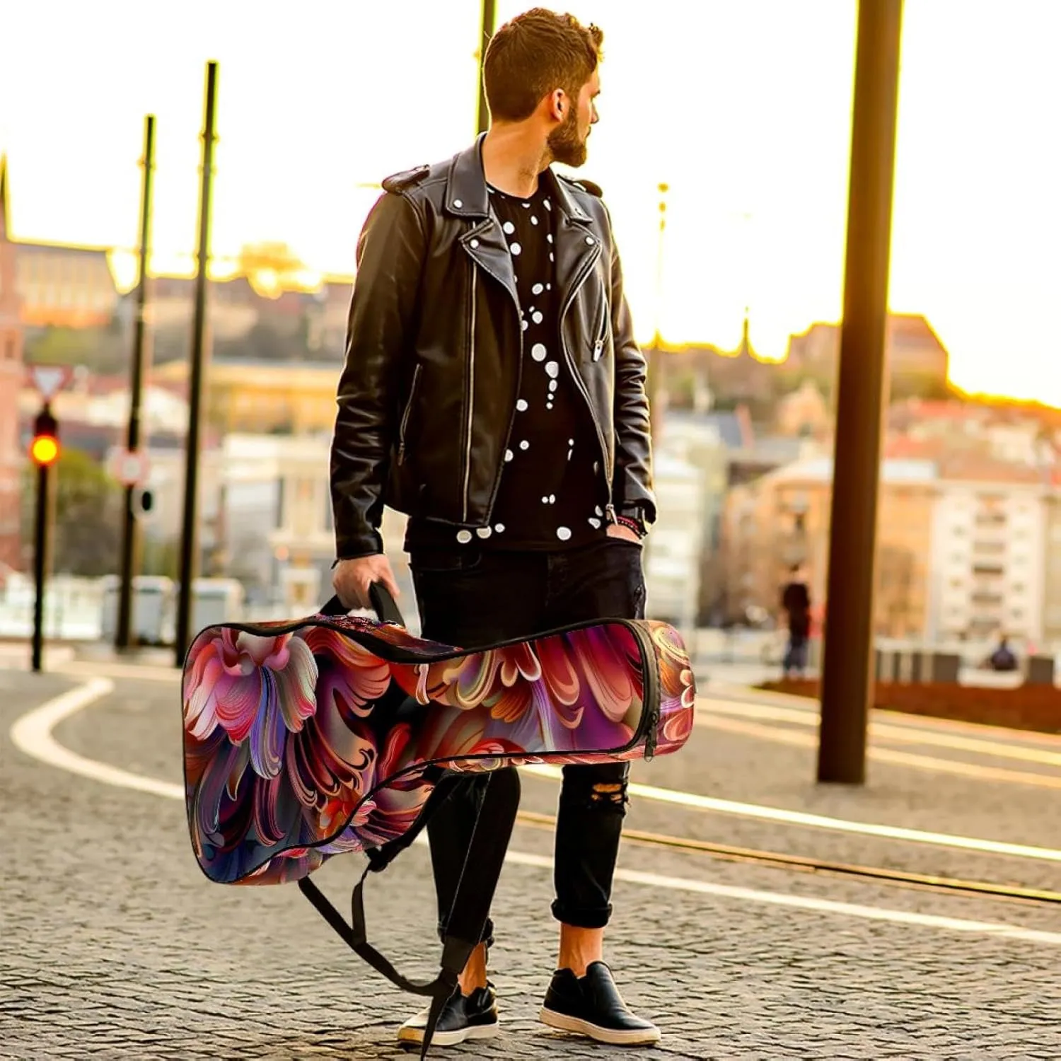 40 41 42 Inch Guitar Gig Bag, 0.4 In Thick Sponge Soft Padded Guitar Case Cover for Acoustic Electric Bass Classical Guitar, Colorful Floral Digital Design