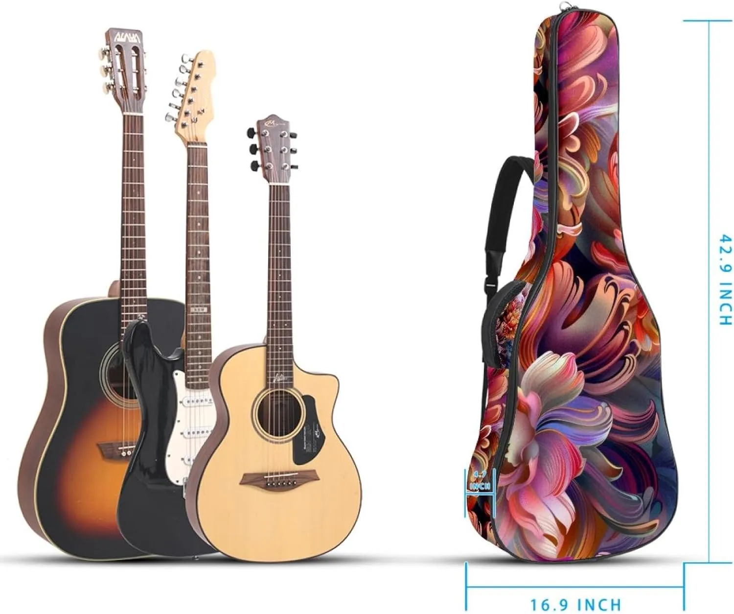 40 41 42 Inch Guitar Gig Bag, 0.4 In Thick Sponge Soft Padded Guitar Case Cover for Acoustic Electric Bass Classical Guitar, Colorful Floral Digital Design