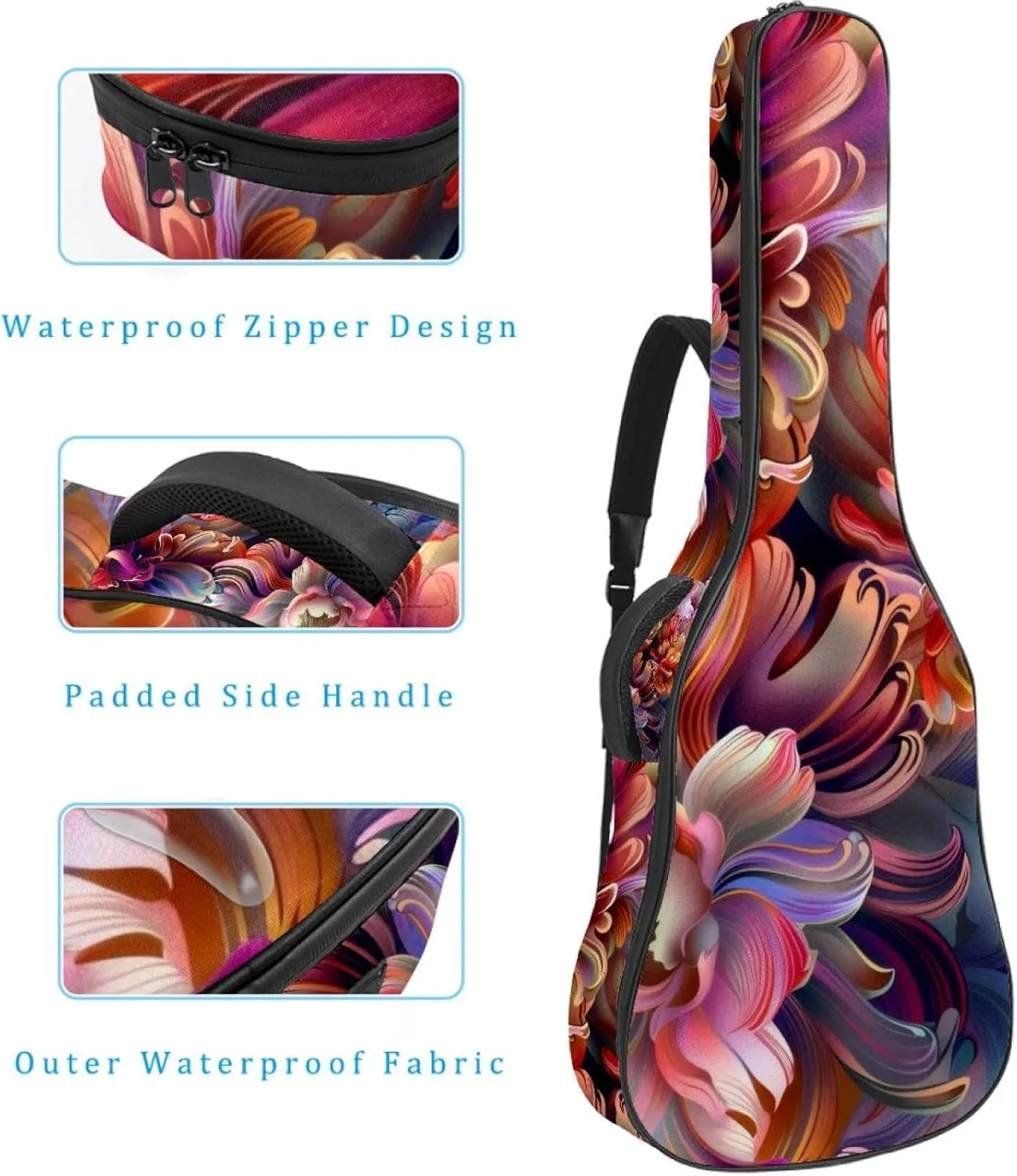40 41 42 Inch Guitar Gig Bag, 0.4 In Thick Sponge Soft Padded Guitar Case Cover for Acoustic Electric Bass Classical Guitar, Colorful Floral Digital Design