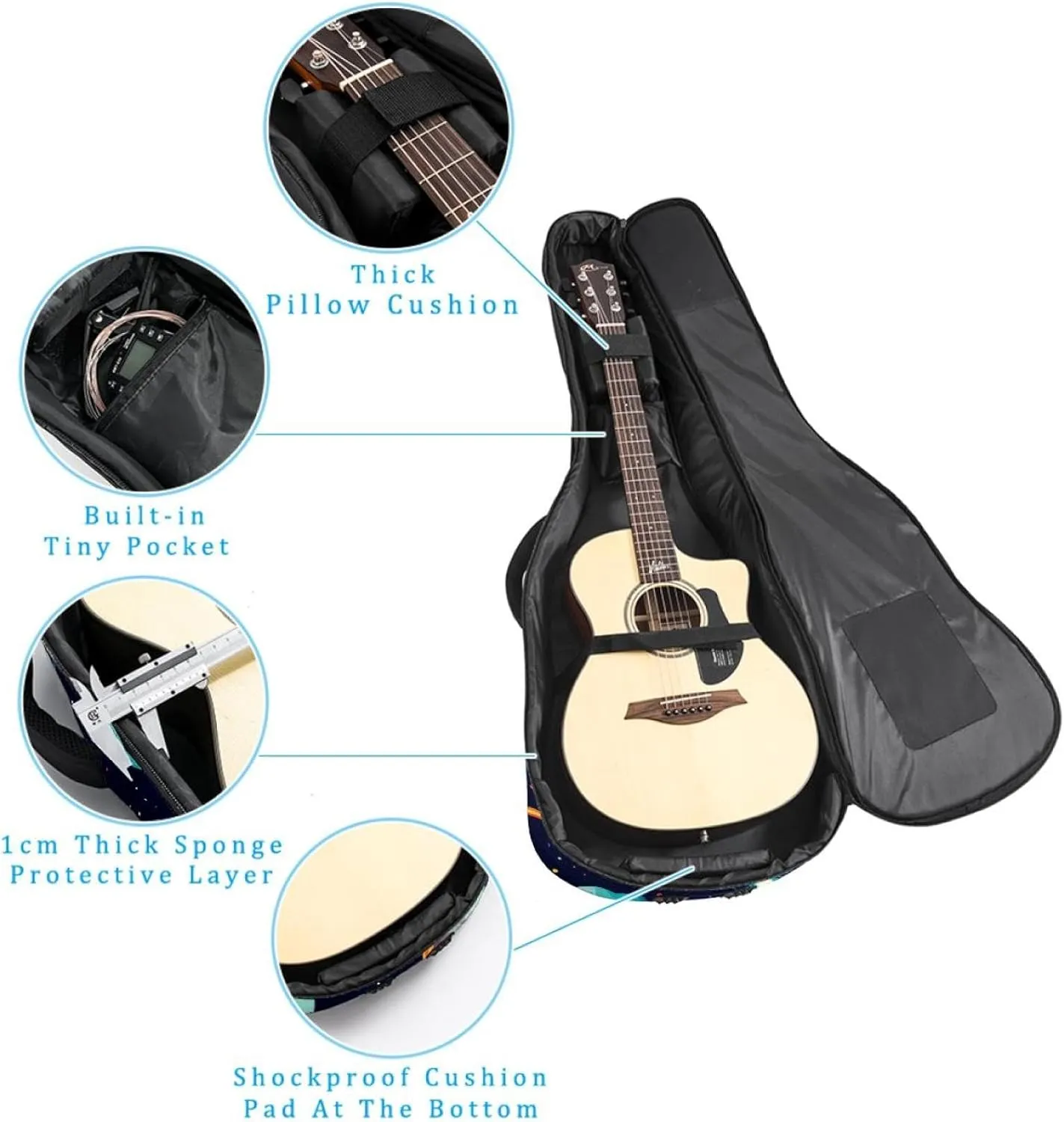 40 41 42 Inch Guitar Gig Bag, 0.4 In Thick Sponge Soft Padded Guitar Case Cover for Acoustic Electric Bass Classical Guitar, Cosmos Planets Comets Night Sky Galaxy Pattern