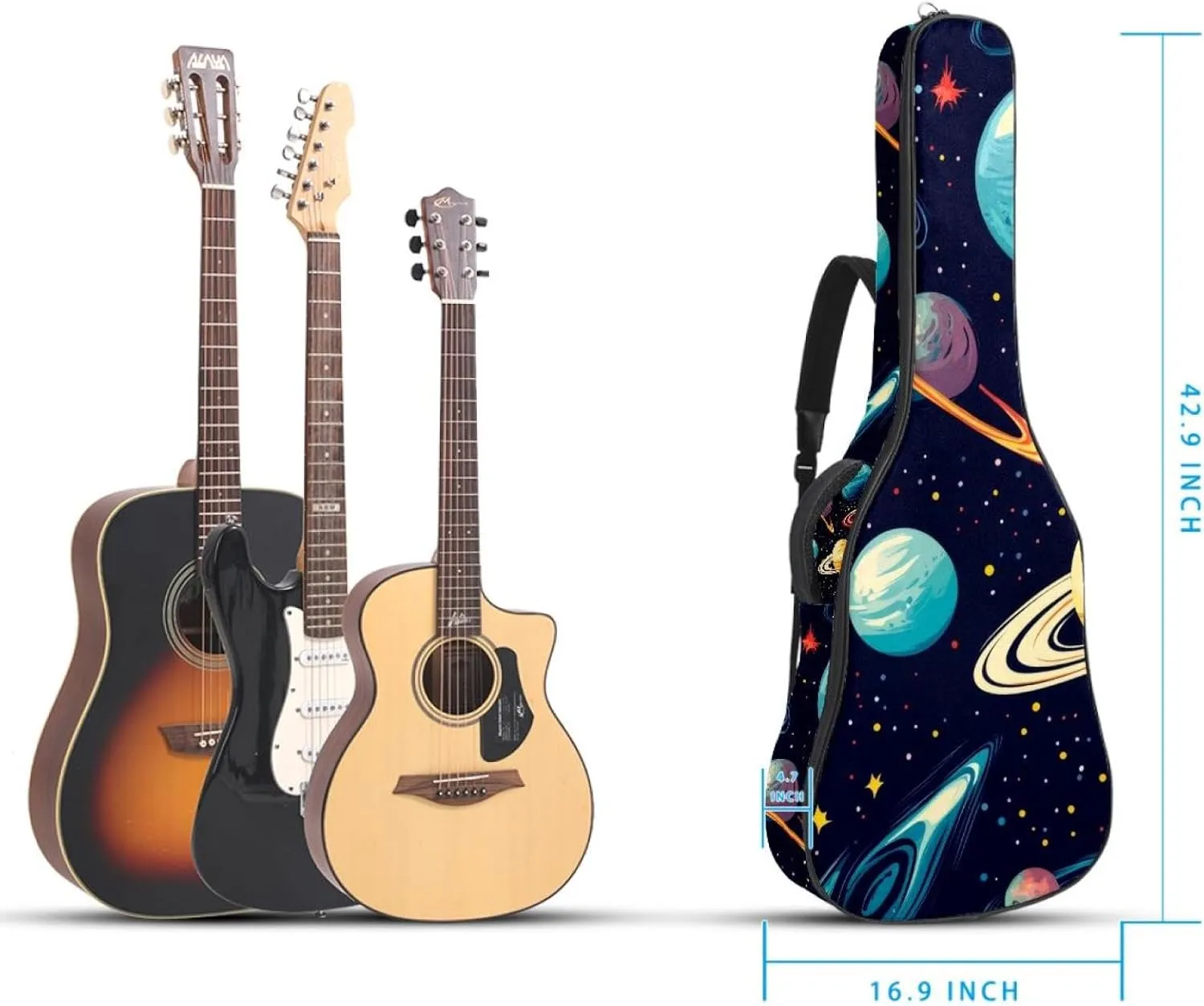 40 41 42 Inch Guitar Gig Bag, 0.4 In Thick Sponge Soft Padded Guitar Case Cover for Acoustic Electric Bass Classical Guitar, Cosmos Planets Comets Night Sky Galaxy Pattern