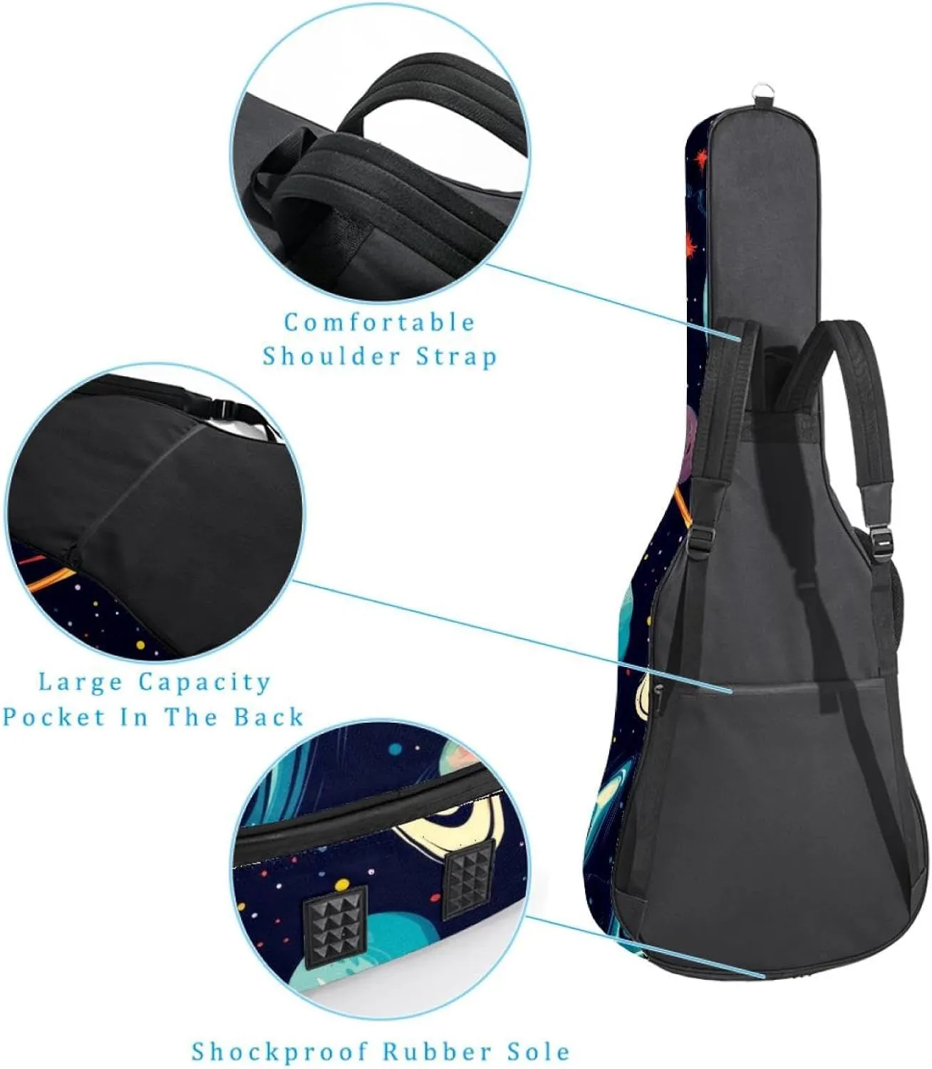 40 41 42 Inch Guitar Gig Bag, 0.4 In Thick Sponge Soft Padded Guitar Case Cover for Acoustic Electric Bass Classical Guitar, Cosmos Planets Comets Night Sky Galaxy Pattern