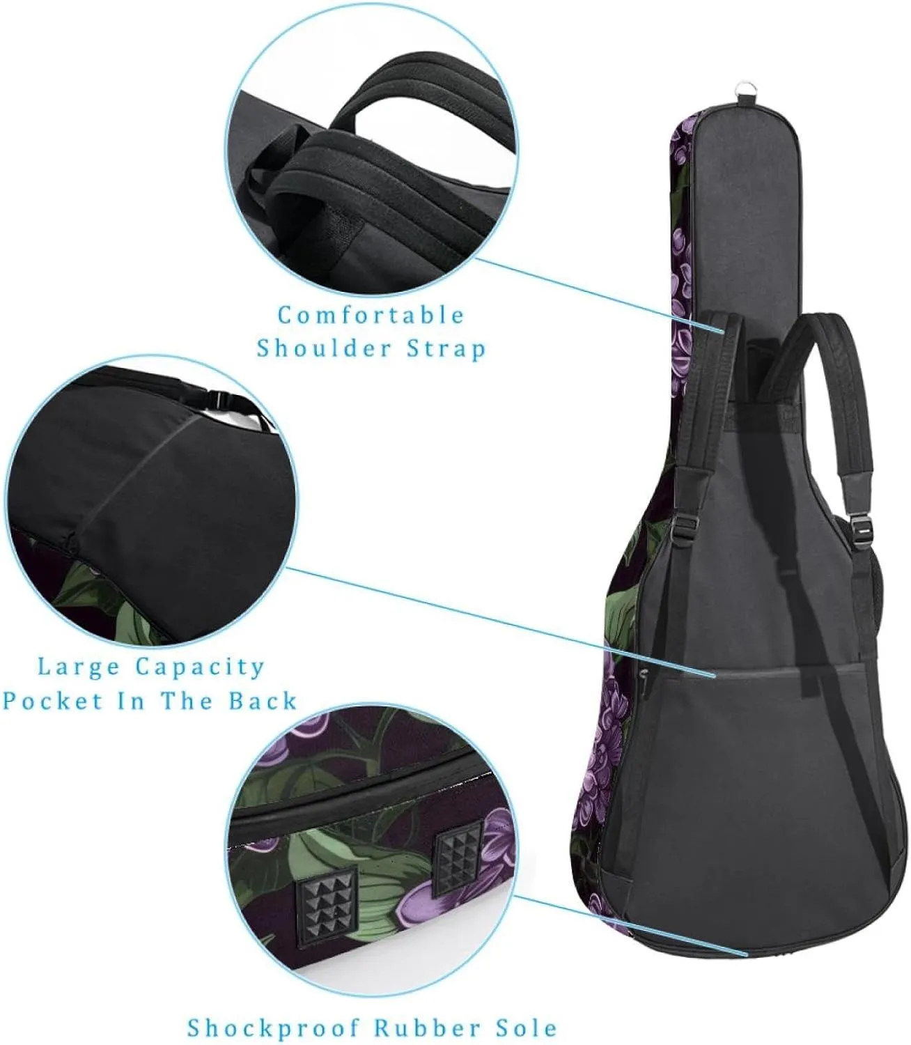 40 41 42 Inch Guitar Gig Bag, 0.4 In Thick Sponge Soft Padded Guitar Case Cover for Acoustic Electric Bass Classical Guitar, Purple Blooming Lilacs Flowers Pattern