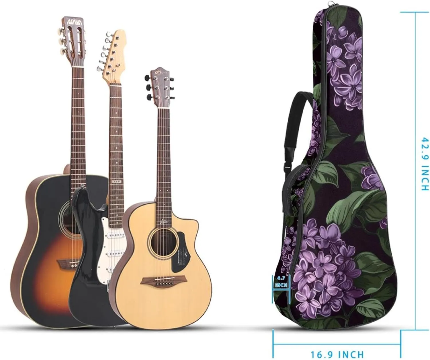40 41 42 Inch Guitar Gig Bag, 0.4 In Thick Sponge Soft Padded Guitar Case Cover for Acoustic Electric Bass Classical Guitar, Purple Blooming Lilacs Flowers Pattern