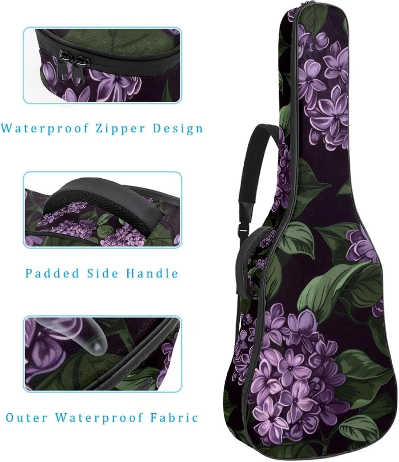 40 41 42 Inch Guitar Gig Bag, 0.4 In Thick Sponge Soft Padded Guitar Case Cover for Acoustic Electric Bass Classical Guitar, Purple Blooming Lilacs Flowers Pattern