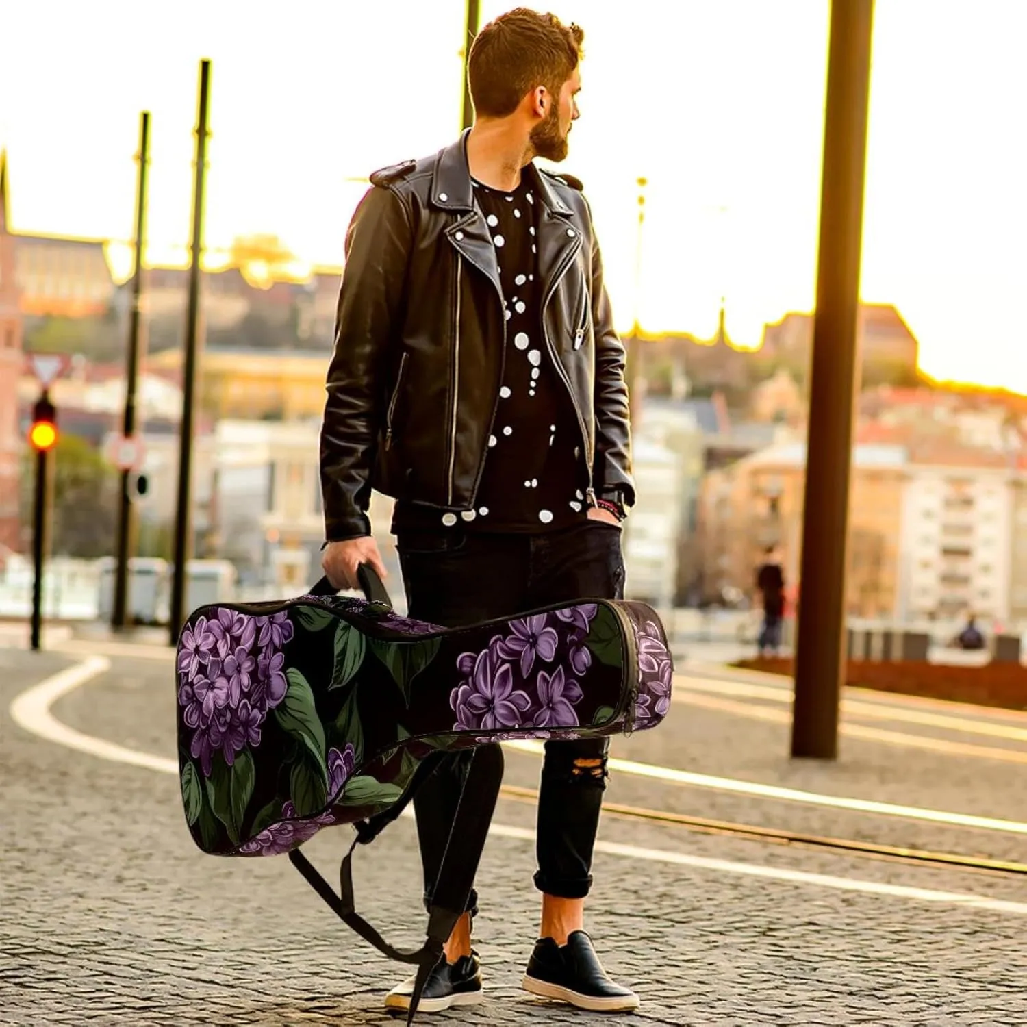 40 41 42 Inch Guitar Gig Bag, 0.4 In Thick Sponge Soft Padded Guitar Case Cover for Acoustic Electric Bass Classical Guitar, Purple Blooming Lilacs Flowers Pattern
