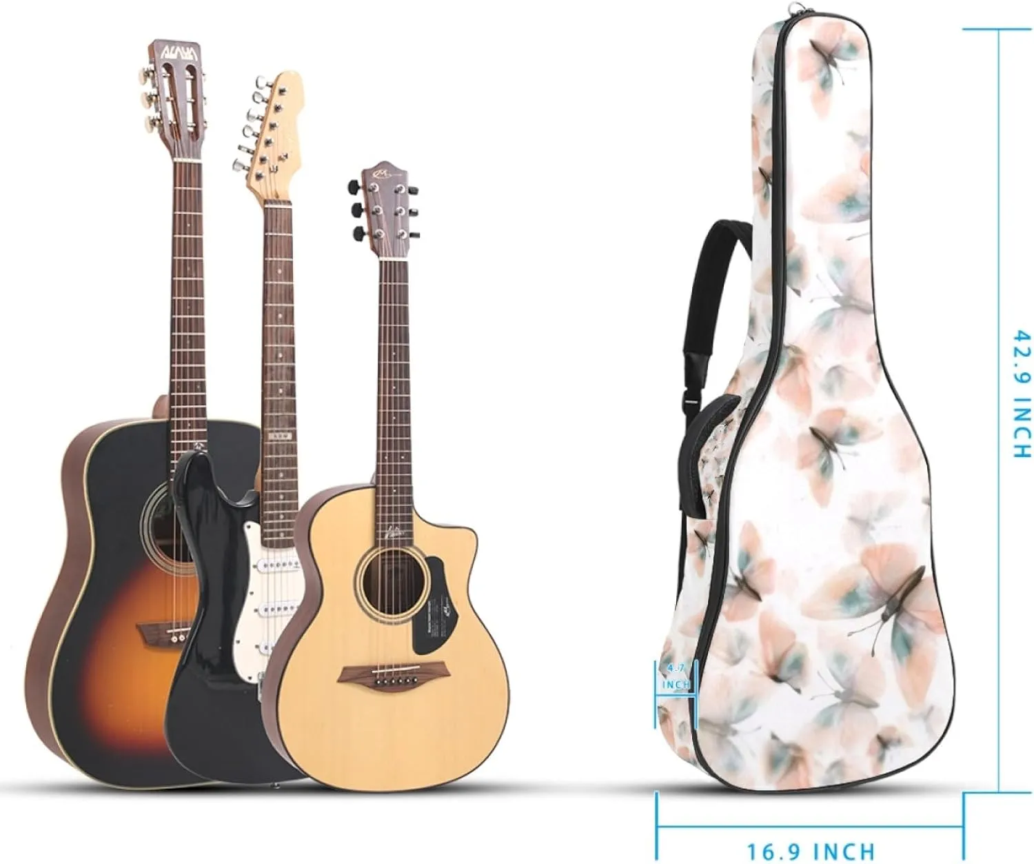 40/41/42-inch Aesthetic Butterfly Acoustic Guitar Bag With Adjustable Shoulder Strap And 2 Storage Bags. Guitar Bag With Back Hanging Loop, Electric, and Classical Guitars