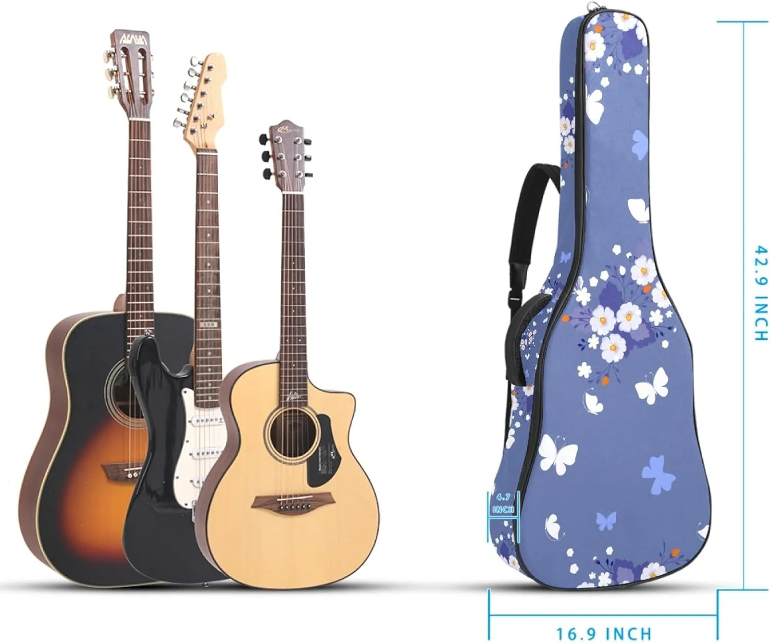40/41/42-inch Aesthetic Butterfly Acoustic Guitar Bag With Adjustable Shoulder Strap And 2 Storage Bags. Guitar Bag With Back Hanging Loop, Electric, and Classical Guitars