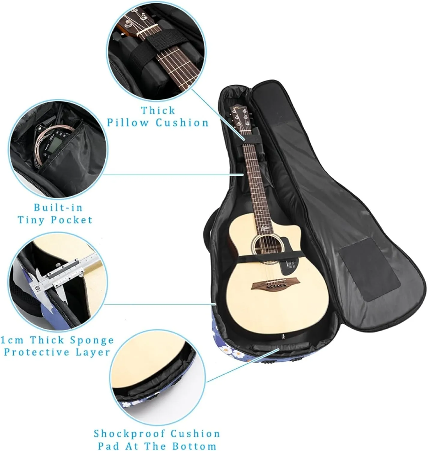 40/41/42-inch Aesthetic Butterfly Acoustic Guitar Bag With Adjustable Shoulder Strap And 2 Storage Bags. Guitar Bag With Back Hanging Loop, Electric, and Classical Guitars