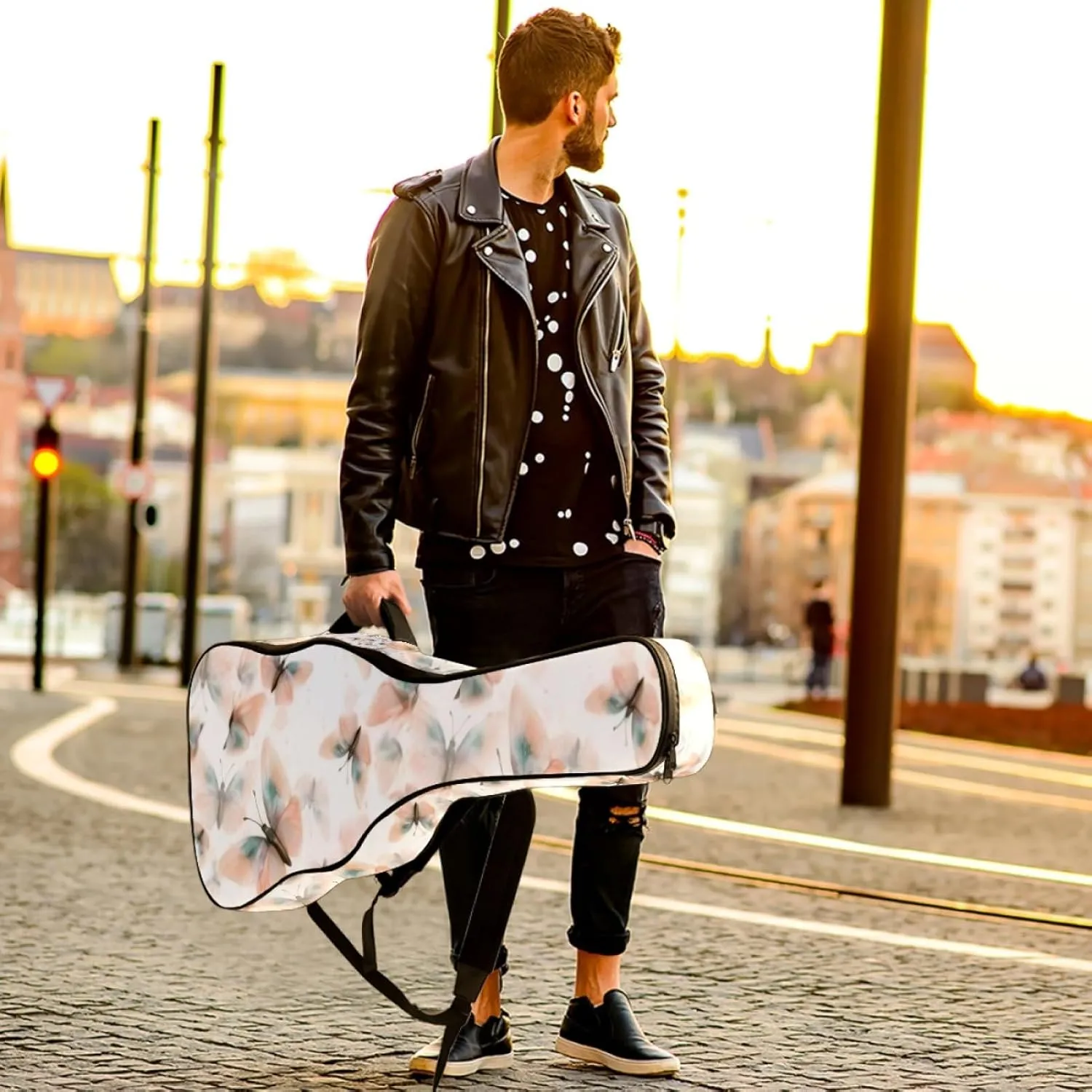 40/41/42-inch Aesthetic Butterfly Acoustic Guitar Bag With Adjustable Shoulder Strap And 2 Storage Bags. Guitar Bag With Back Hanging Loop, Electric, and Classical Guitars