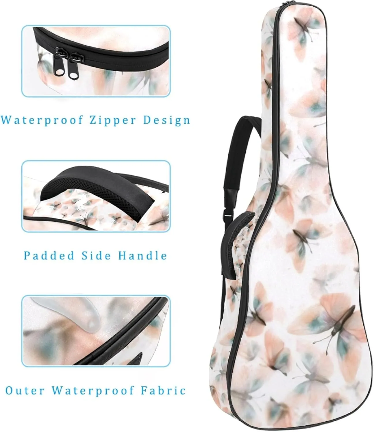 40/41/42-inch Aesthetic Butterfly Acoustic Guitar Bag With Adjustable Shoulder Strap And 2 Storage Bags. Guitar Bag With Back Hanging Loop, Electric, and Classical Guitars