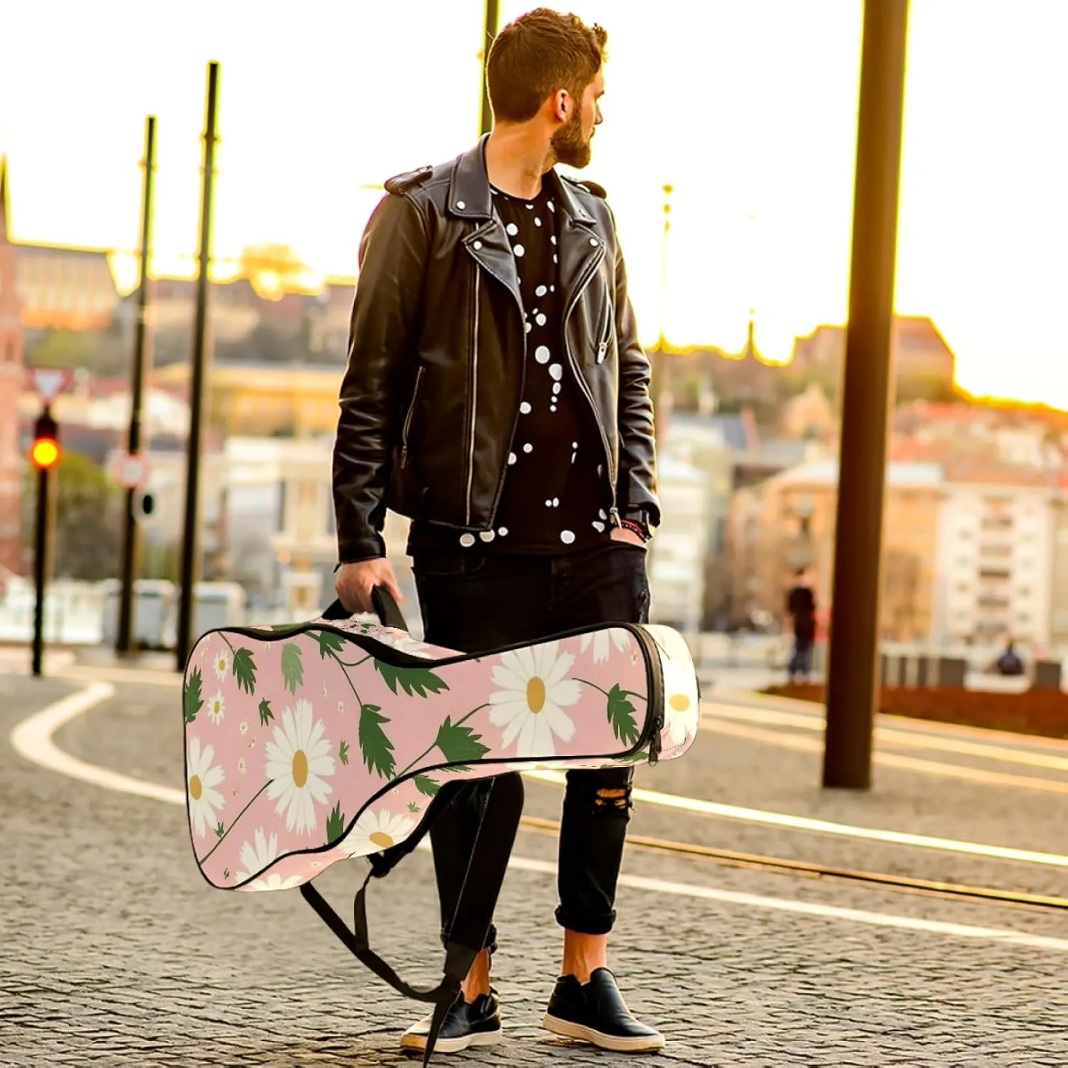 40/41/42-inch Pink Art Daisy Acoustic Guitar Bag With Adjustable Shoulder Strap And 2 Storage Bags. Guitar Bag With Back Hanging Loop, Electric, and Classical Guitars