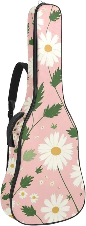 40/41/42-inch Pink Art Daisy Acoustic Guitar Bag With Adjustable Shoulder Strap And 2 Storage Bags. Guitar Bag With Back Hanging Loop, Electric, and Classical Guitars