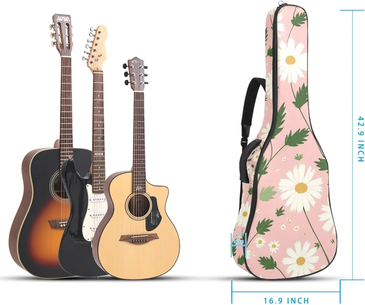 40/41/42-inch Pink Art Daisy Acoustic Guitar Bag With Adjustable Shoulder Strap And 2 Storage Bags. Guitar Bag With Back Hanging Loop, Electric, and Classical Guitars
