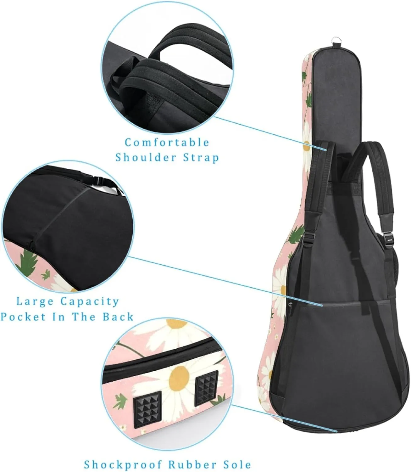40/41/42-inch Pink Art Daisy Acoustic Guitar Bag With Adjustable Shoulder Strap And 2 Storage Bags. Guitar Bag With Back Hanging Loop, Electric, and Classical Guitars