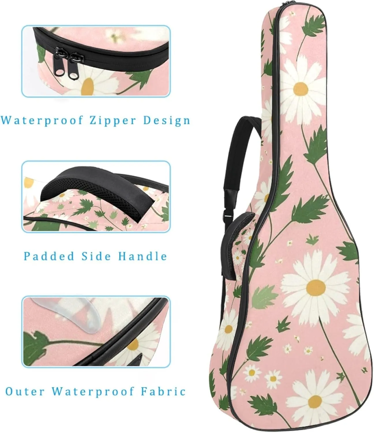 40/41/42-inch Pink Art Daisy Acoustic Guitar Bag With Adjustable Shoulder Strap And 2 Storage Bags. Guitar Bag With Back Hanging Loop, Electric, and Classical Guitars