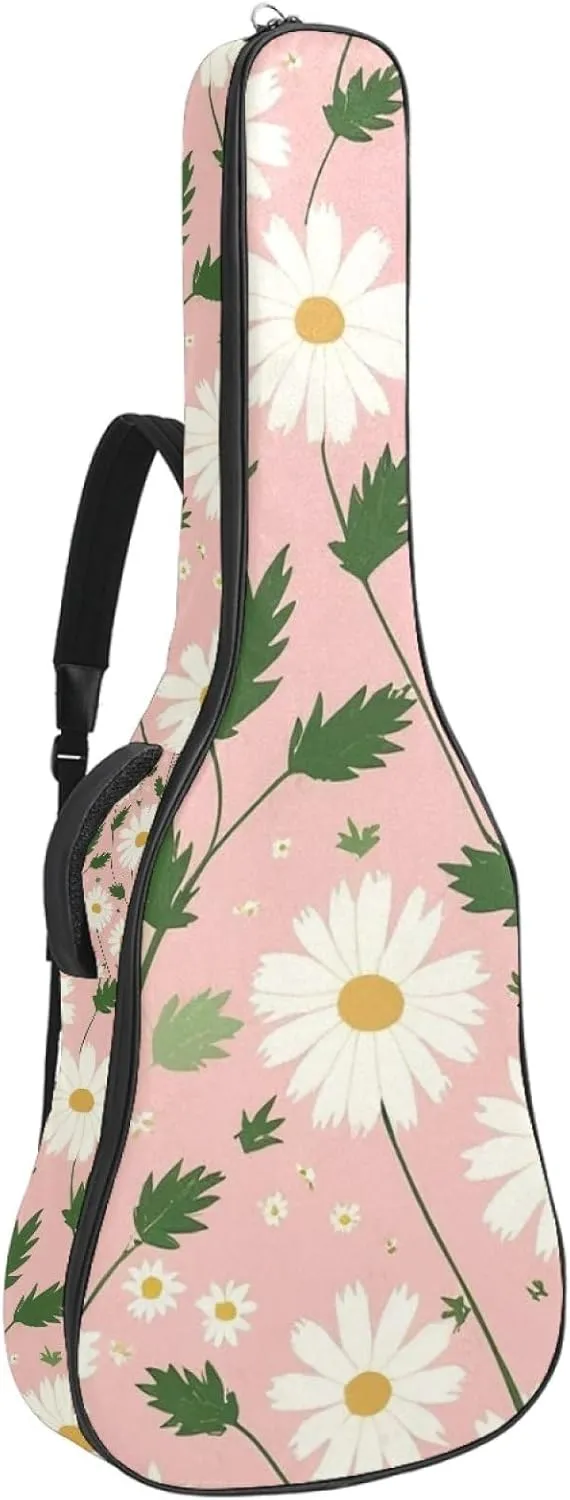 40/41/42-inch Pink Art Daisy Acoustic Guitar Bag With Adjustable Shoulder Strap And 2 Storage Bags. Guitar Bag With Back Hanging Loop, Electric, and Classical Guitars