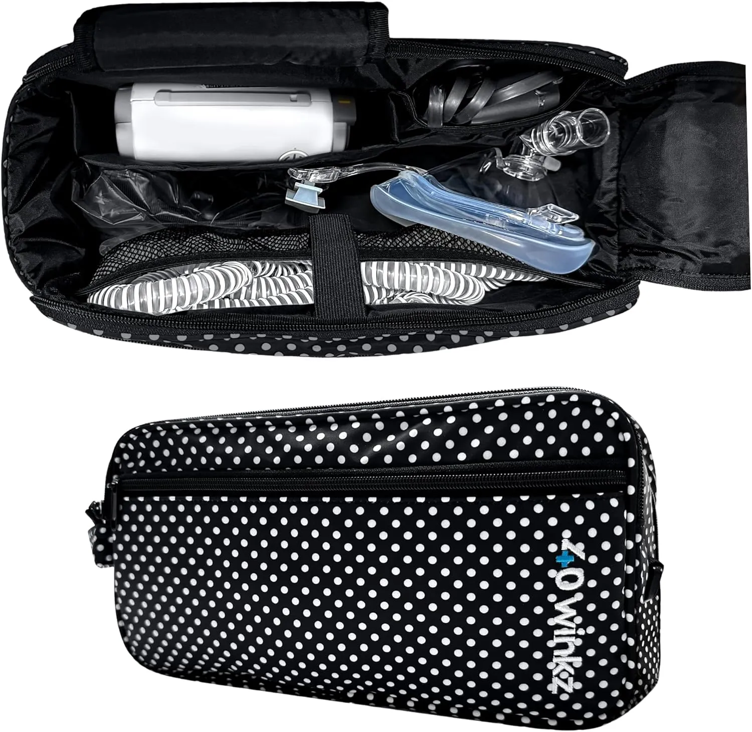 40Winkz USA, Travel Carrying bag & storage bag compatible with ResMed AirMini Machine, Carrying Case with adjustable shoulder strap and luggage strap Black (Empty Bag Only) (Black & White)