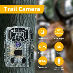 4K 48MP Trail Camera - Night Vision,Motion Activated,IP66 Waterproof,40 No-Glow Infrared LEDs,0.2s Trigger Speed,120° Wide-Angle for Wildlife Monitoring