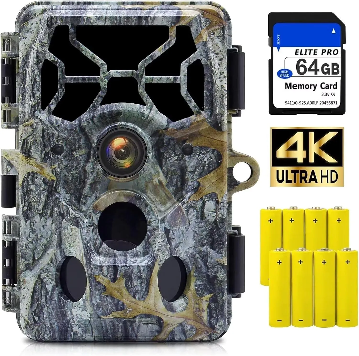 4K 48MP Trail Cameras with Night Vision Motion Activated Waterproof, Game Camera with 100ft Clear Night Vision，Trail Cam with 140°Angle IP66 Waterproof with 64GB Card and 8 Batterries