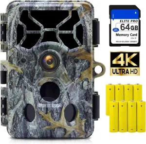 4K 48MP Trail Cameras with Night Vision Motion Activated Waterproof, Game Camera with 100ft Clear Night Vision，Trail Cam with 140°Angle IP66 Waterproof with 64GB Card and 8 Batterries