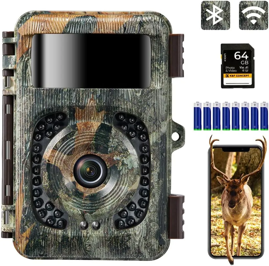 4K 48MP WiFi Trail Camera, Bluetooth Game Camera with No Glow Night Vision Motion Activated Waterproof, 0.2s Trigger Time, 120° Wide-Angle, 2.4'' LCD Hunting Camera for Outdoor Wildlife Monitoring