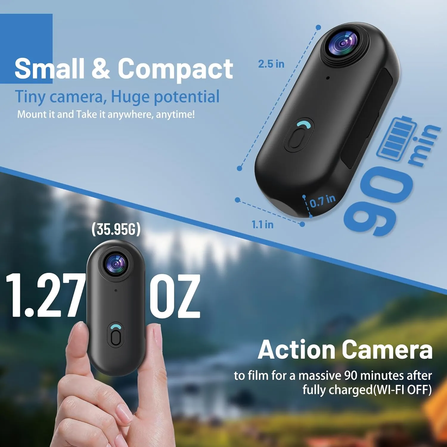 4K Mini Action Camera 128GB Thumb POV Portable Body Cam Wearable Video Recorder with IPX7 Waterproof Underwater Camcorder, Helmet Mount, Magnetic Sport DV for Bike Cycling, Pet, Vlogging(Black)
