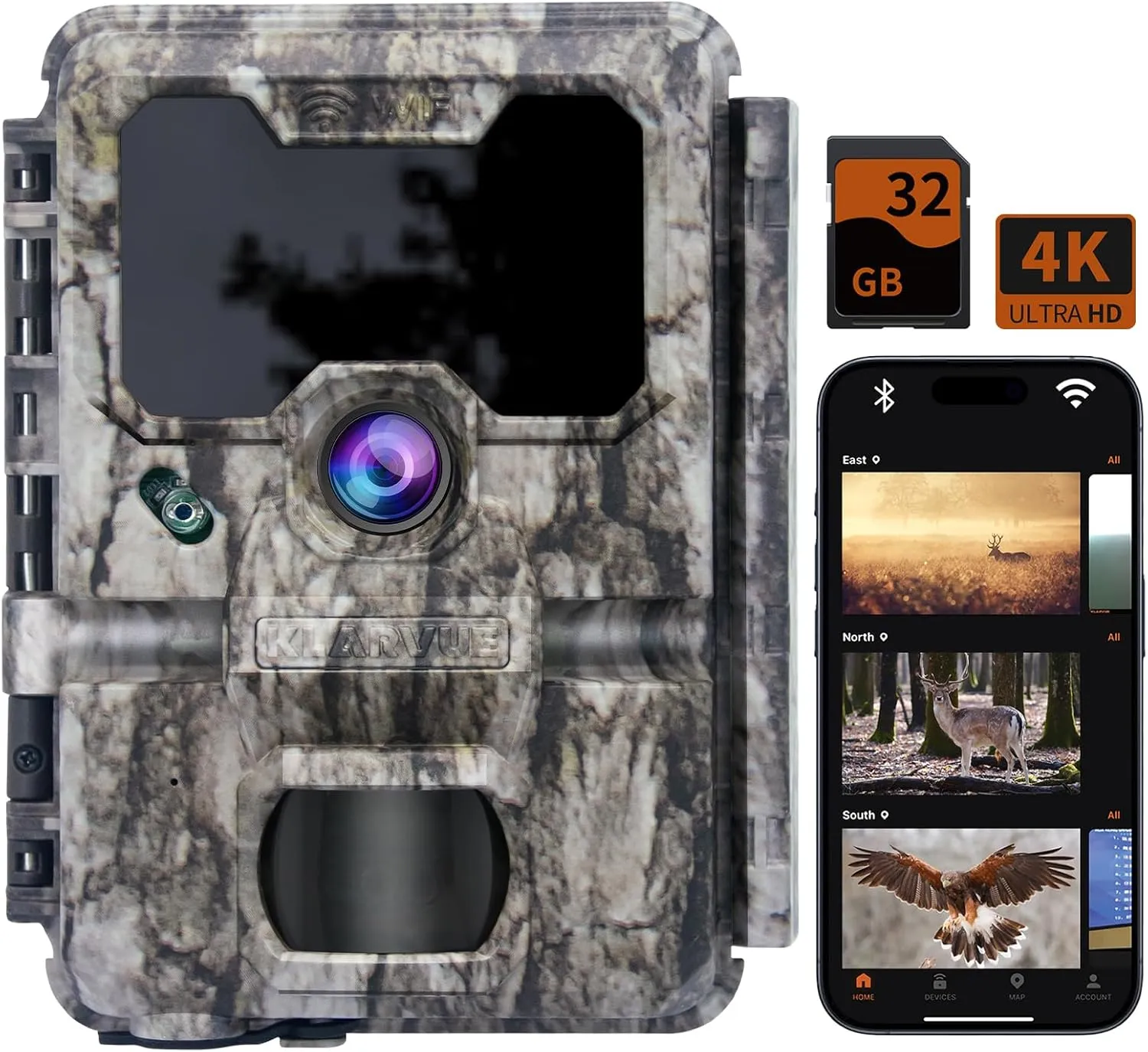 4K Trail Camera WiFi - 32MP Resolution with No Glow Night Vision, Fast 0.3s Trigger & 100ft Range, IP67 Waterproof for Hunting/Security, Includes 32GB SD Card