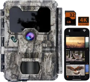 4K Trail Camera WiFi - 32MP Resolution with No Glow Night Vision, Fast 0.3s Trigger & 100ft Range, IP67 Waterproof for Hunting/Security, Includes 32GB SD Card