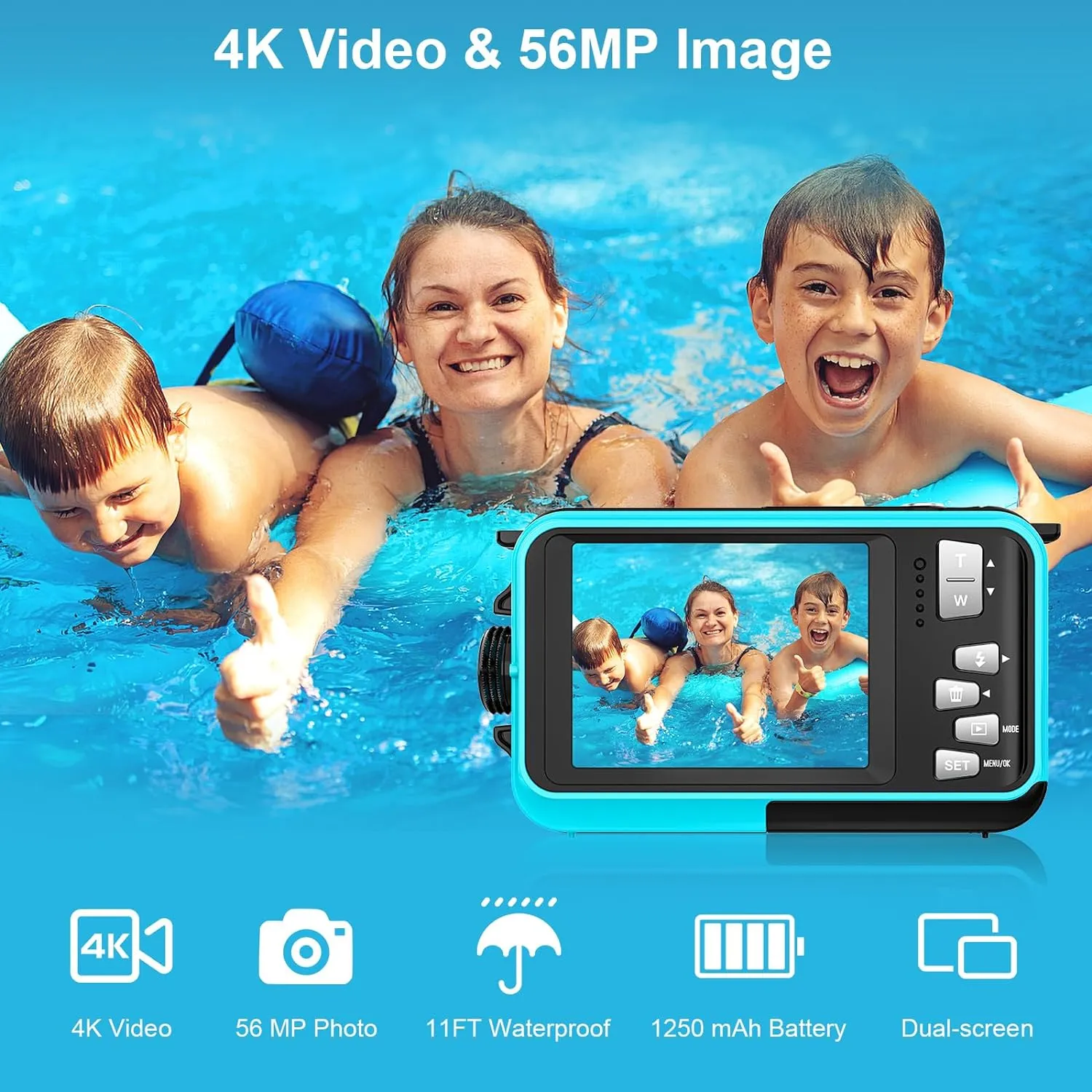 4K Underwater Camera 56MP Autofocus 11FT Waterproof Camera Dual-Screen Selfie 16X Underwater Camera for Snorkeling Waterproof Compact Floatable Digital Camera with 32GB Card