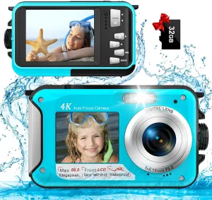4K Underwater Camera 56MP Autofocus 11FT Waterproof Camera Dual-Screen Selfie 16X Underwater Camera for Snorkeling Waterproof Compact Floatable Digital Camera with 32GB Card