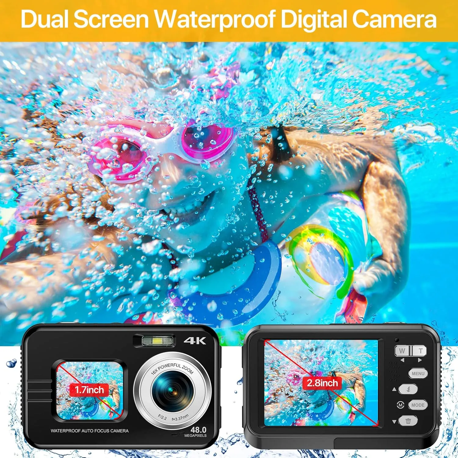4K Underwater Camera with 64GB Card, 11FT Waterproof Camera Dual-Screen Selfie Underwater Cameras for Snorkeling 16X Digital Zoom Waterproof Digital Camera 2 Batteries (Blue)