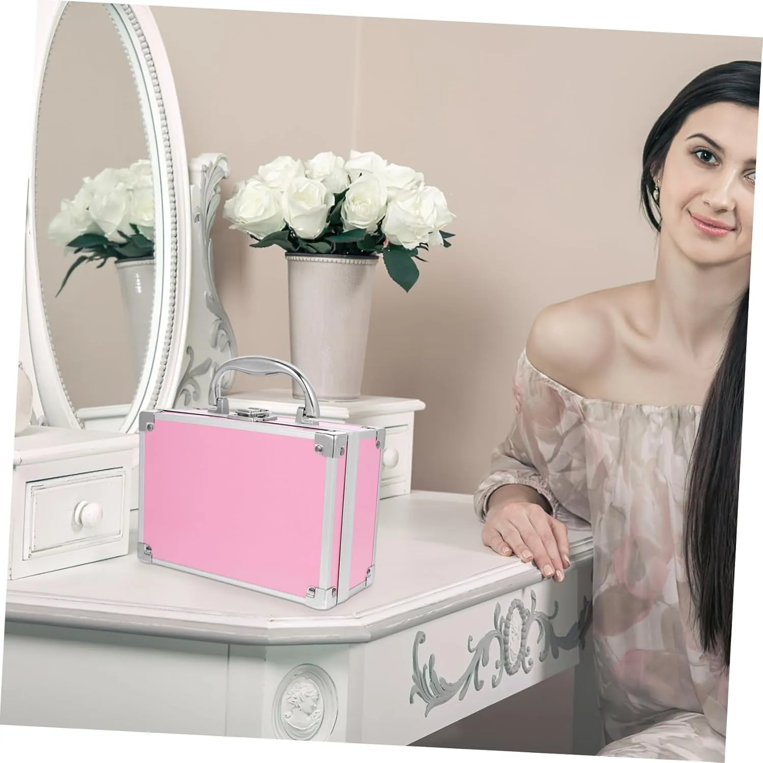 4pcs Cosmetic Train Cases Aluminum Case Pink Makeup Suitcase Travel Cosmetic Organizer